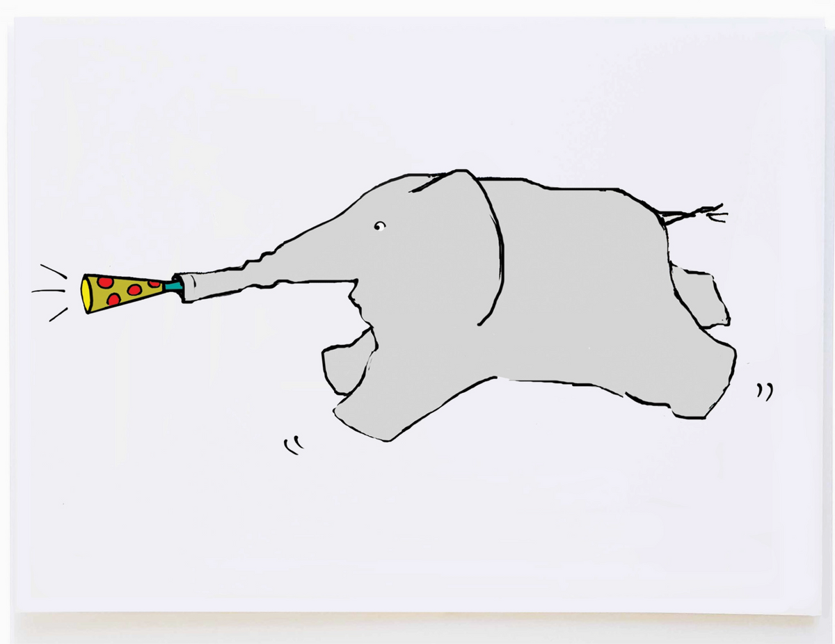 Birthday Elephant Card featuring a playful gray elephant blowing a colorful party horn