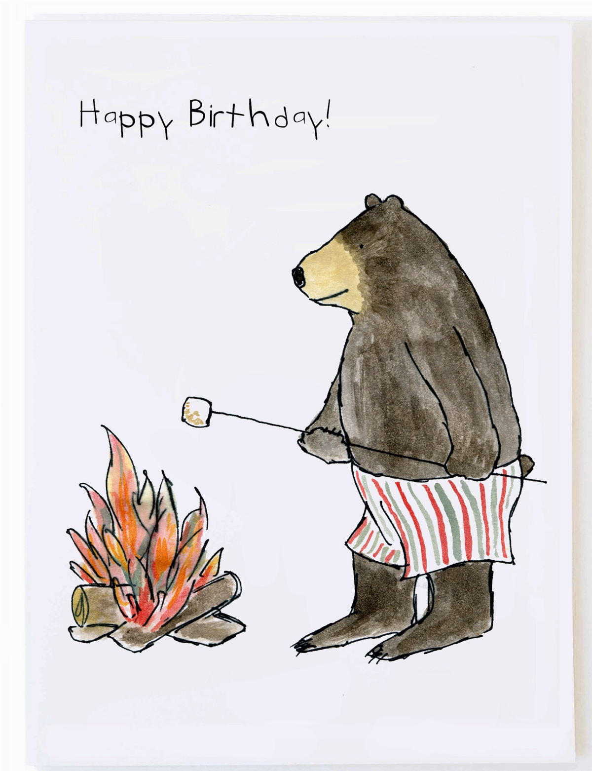 Bear Roasting Marshmallow Birthday Card featuring a bear holding a marshmallow over a campfire with Happy Birthday greeting