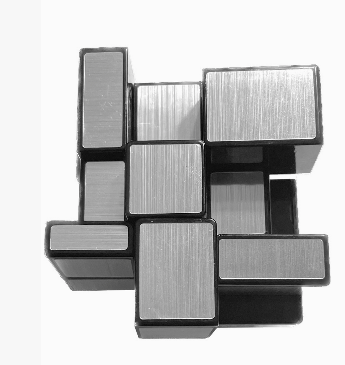 Inverse Reflectron metallic interlocking puzzle with geometric block pieces