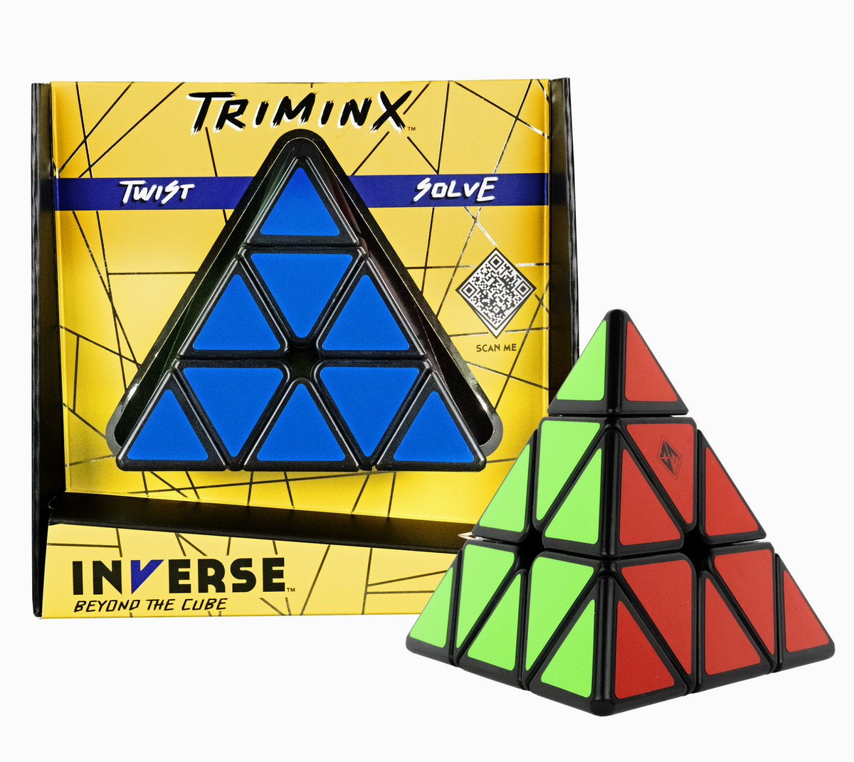 Inverse Triminx triangular twist puzzle with green and red pieces beside its yellow box