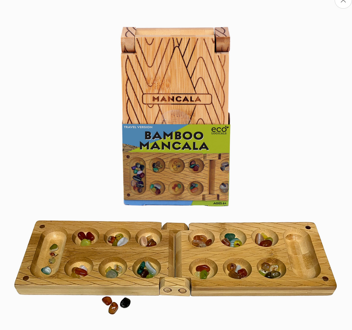 Travel Bamboo Mancala wooden folding game board with colorful playing stones and package