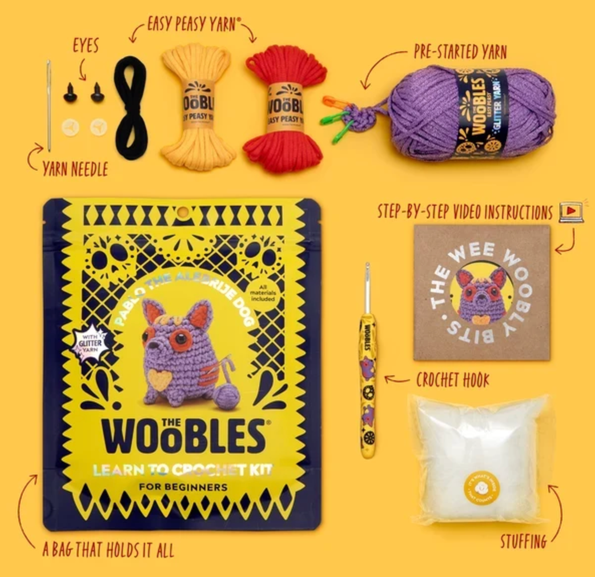 The Woobles Crochet Kit | Pablo the Alebrije Dog with yarn crochet hook stuffing and instructions