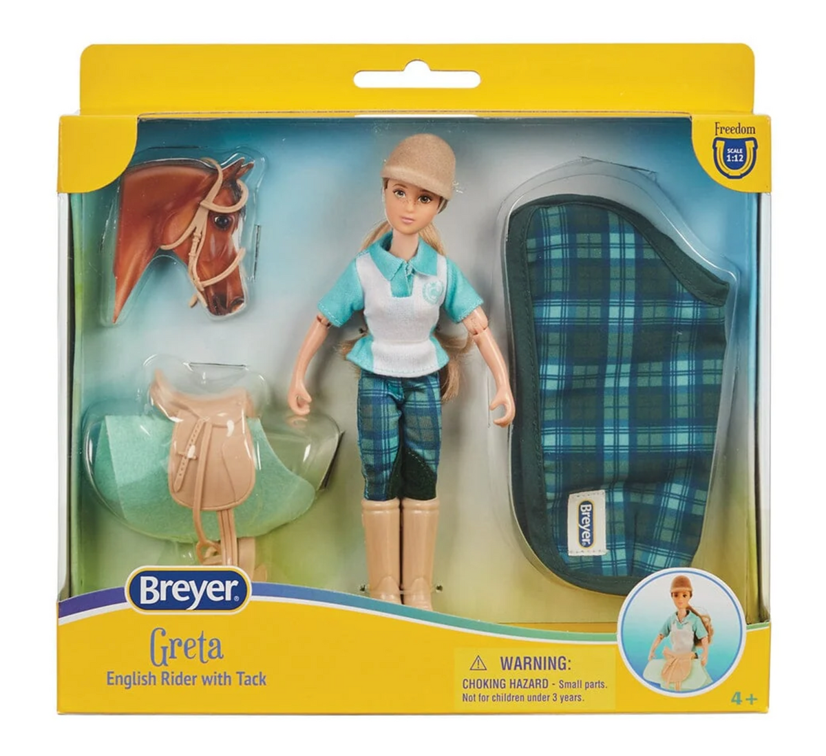 Rider & Tack | English Greta doll set with saddle and plaid horse blanket in package