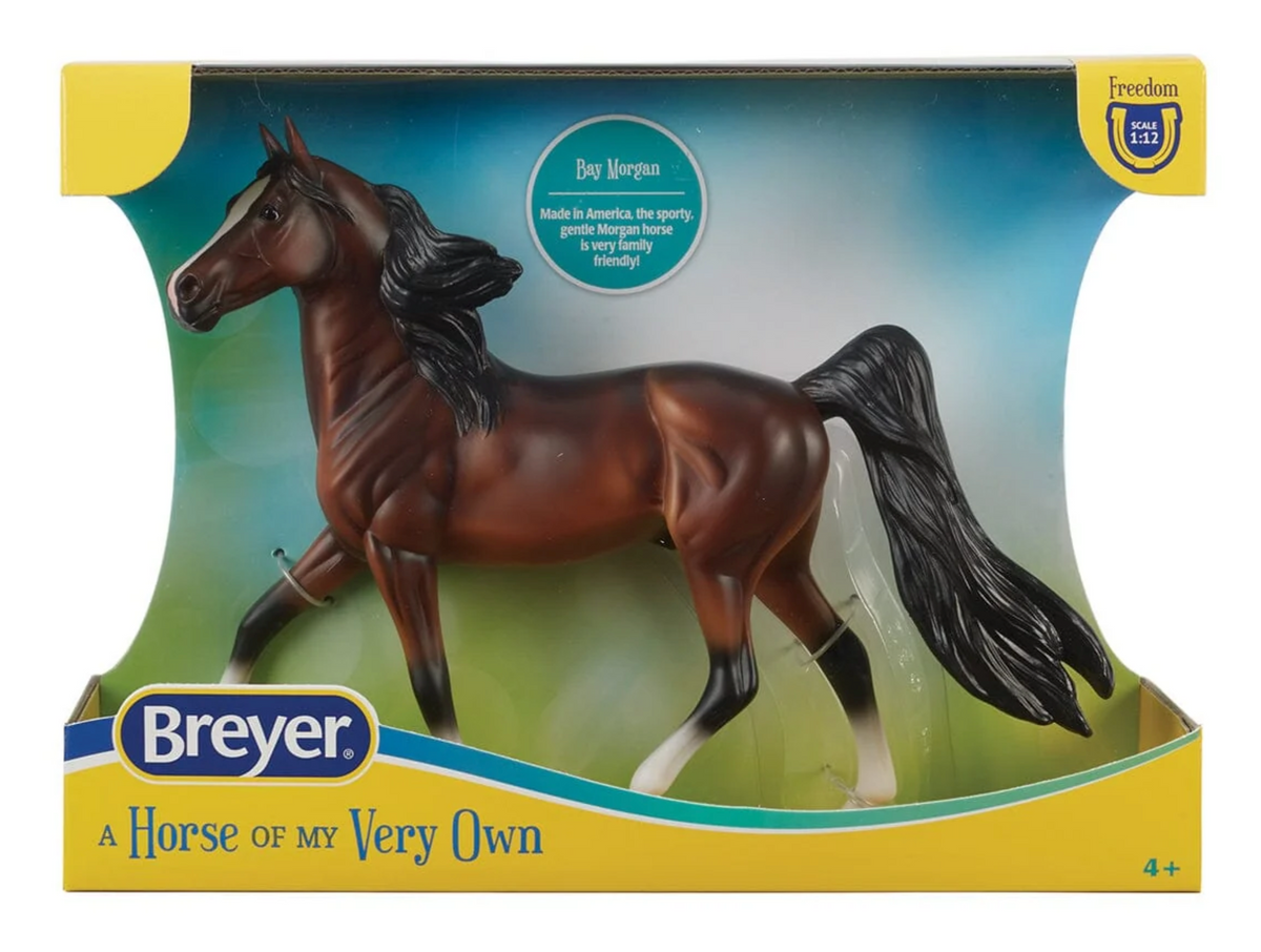Bay Morgan brown model horse in colorful display packaging