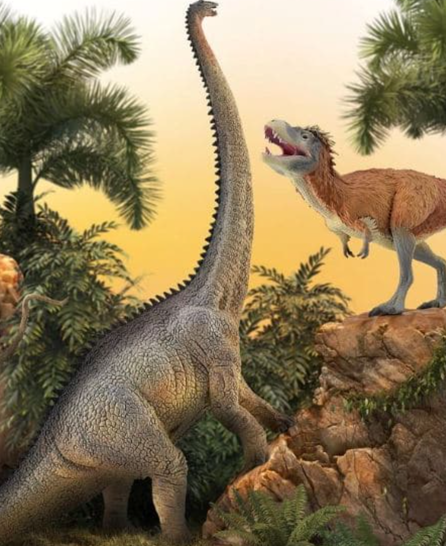Diplodocus dinosaur with a long neck beside a smaller dinosaur in a prehistoric jungle scenery