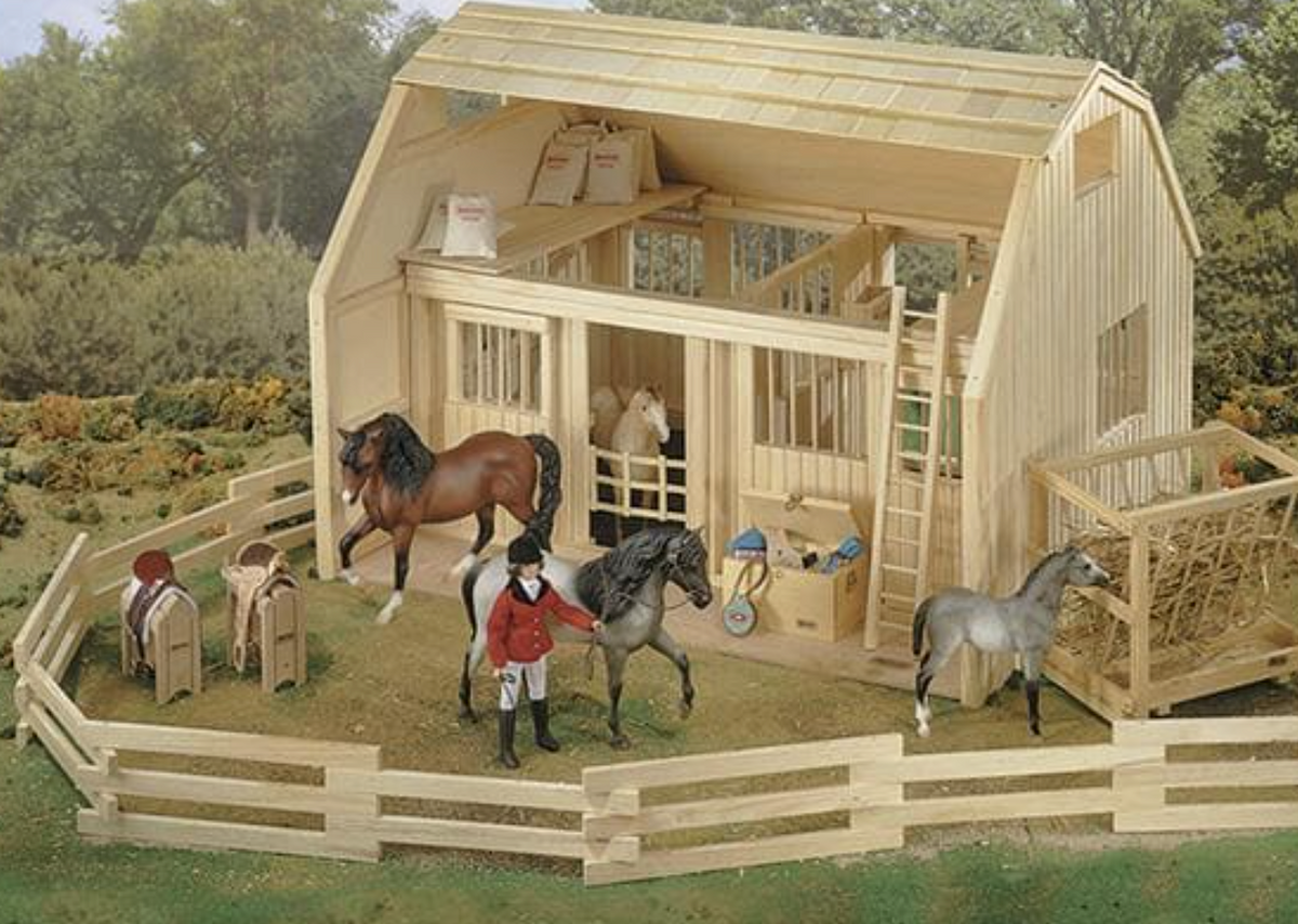 Wood Corral wooden stable playset with toy horses rider figures and fenced pasture