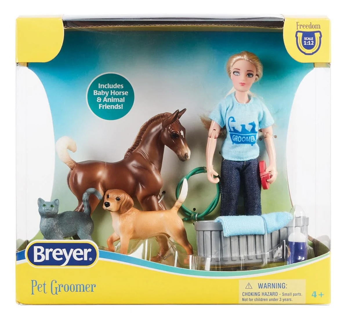 Pet Groomer doll playset with horse, dog, cat, grooming tools, and accessories in colorful packaging