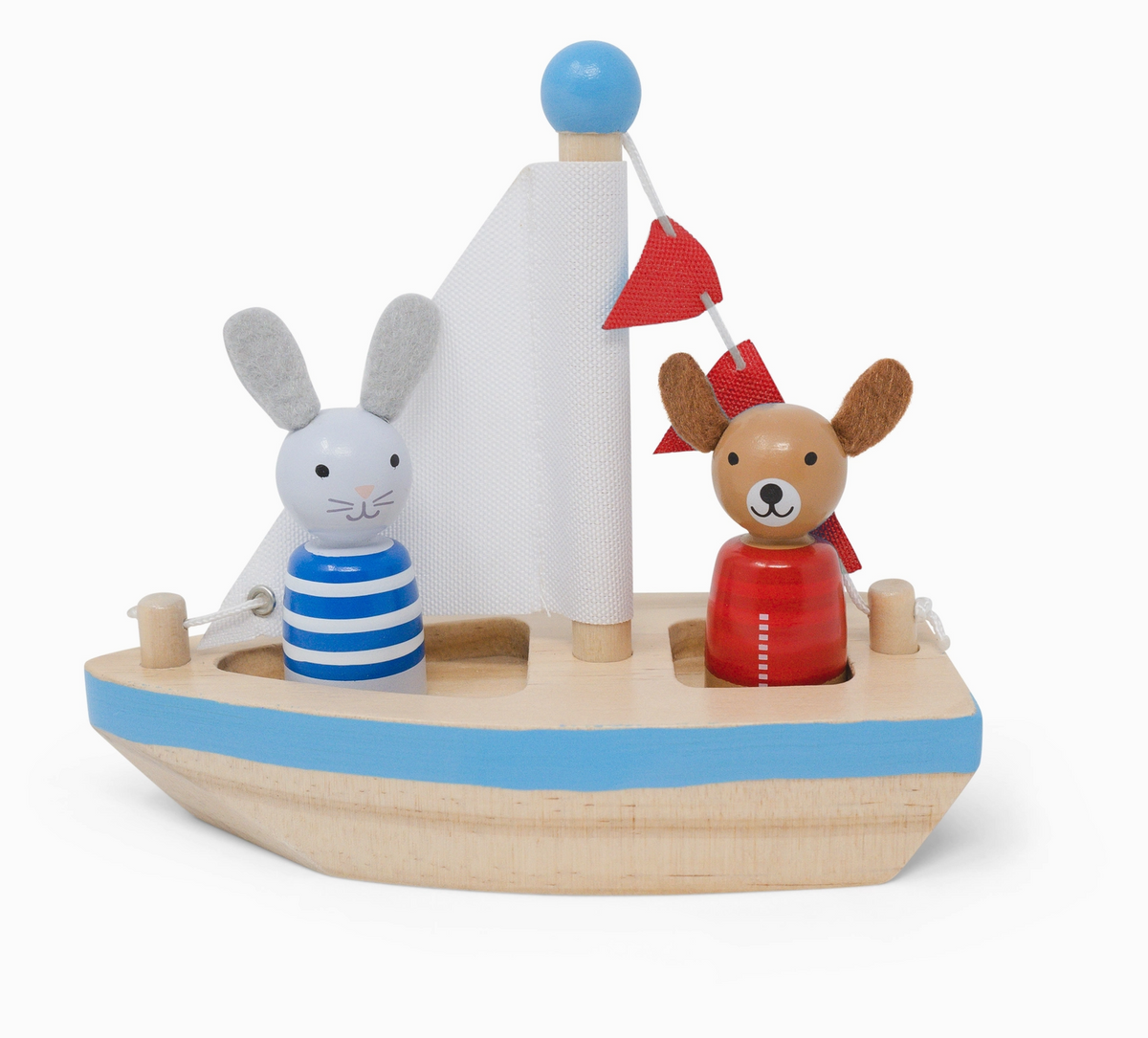 Bath Boat Buddies | Dog & Rabbit wooden bath boat toy with rabbit and dog figures