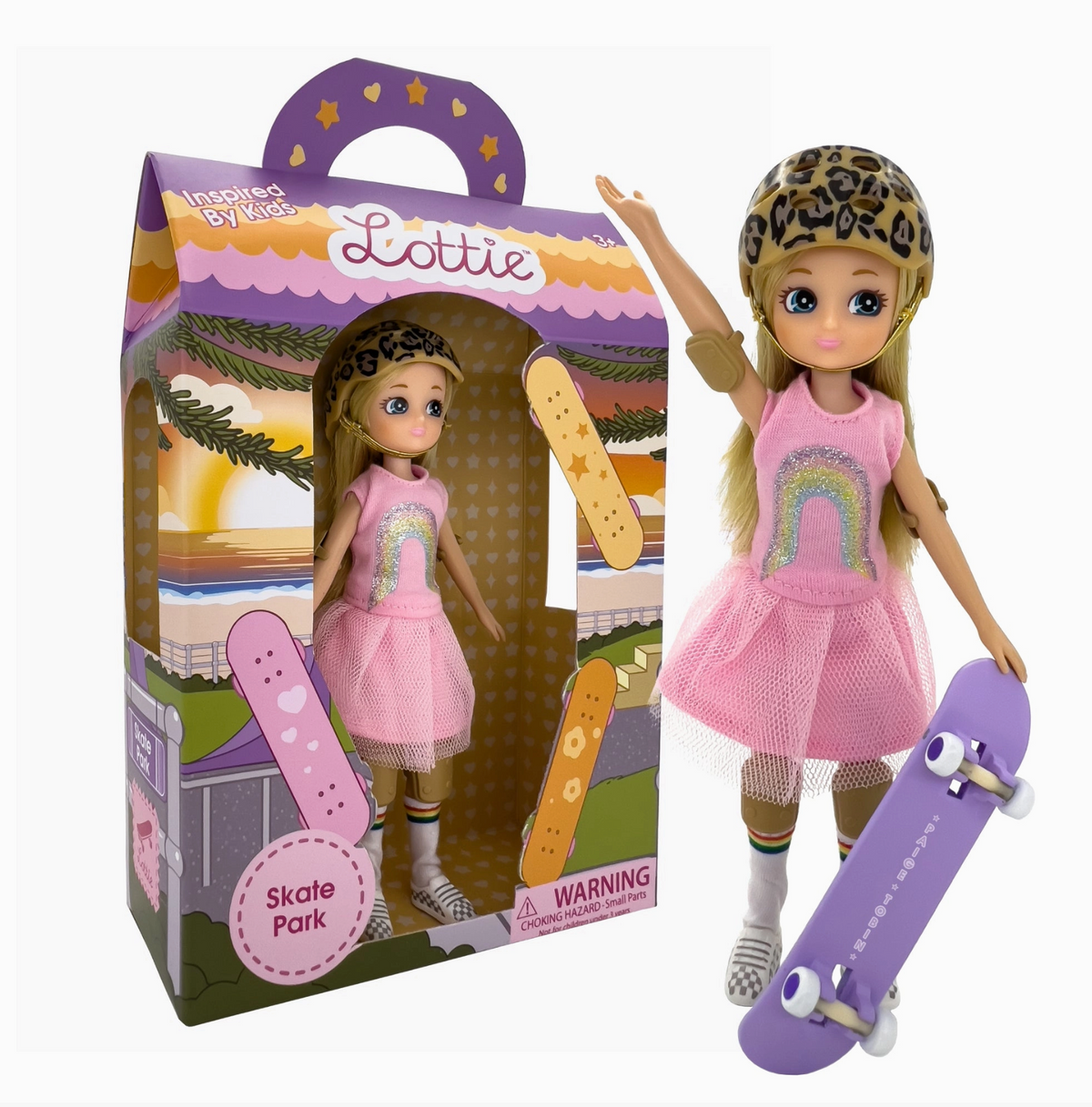 Lottie Skate Park doll set with two dolls and a purple skateboard in colorful packaging