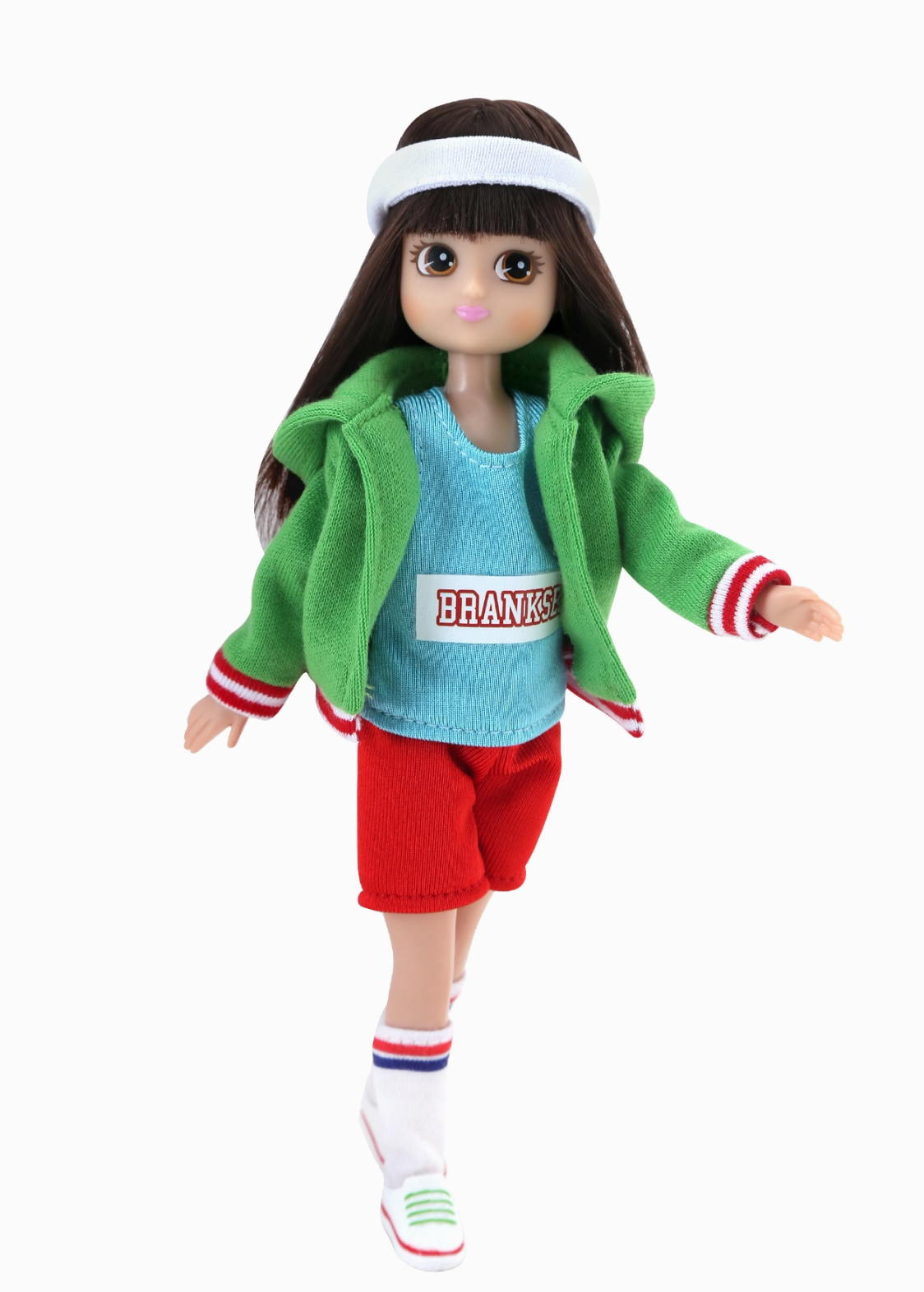 Lottie Sports Day doll wearing a green jacket red shorts and white headband