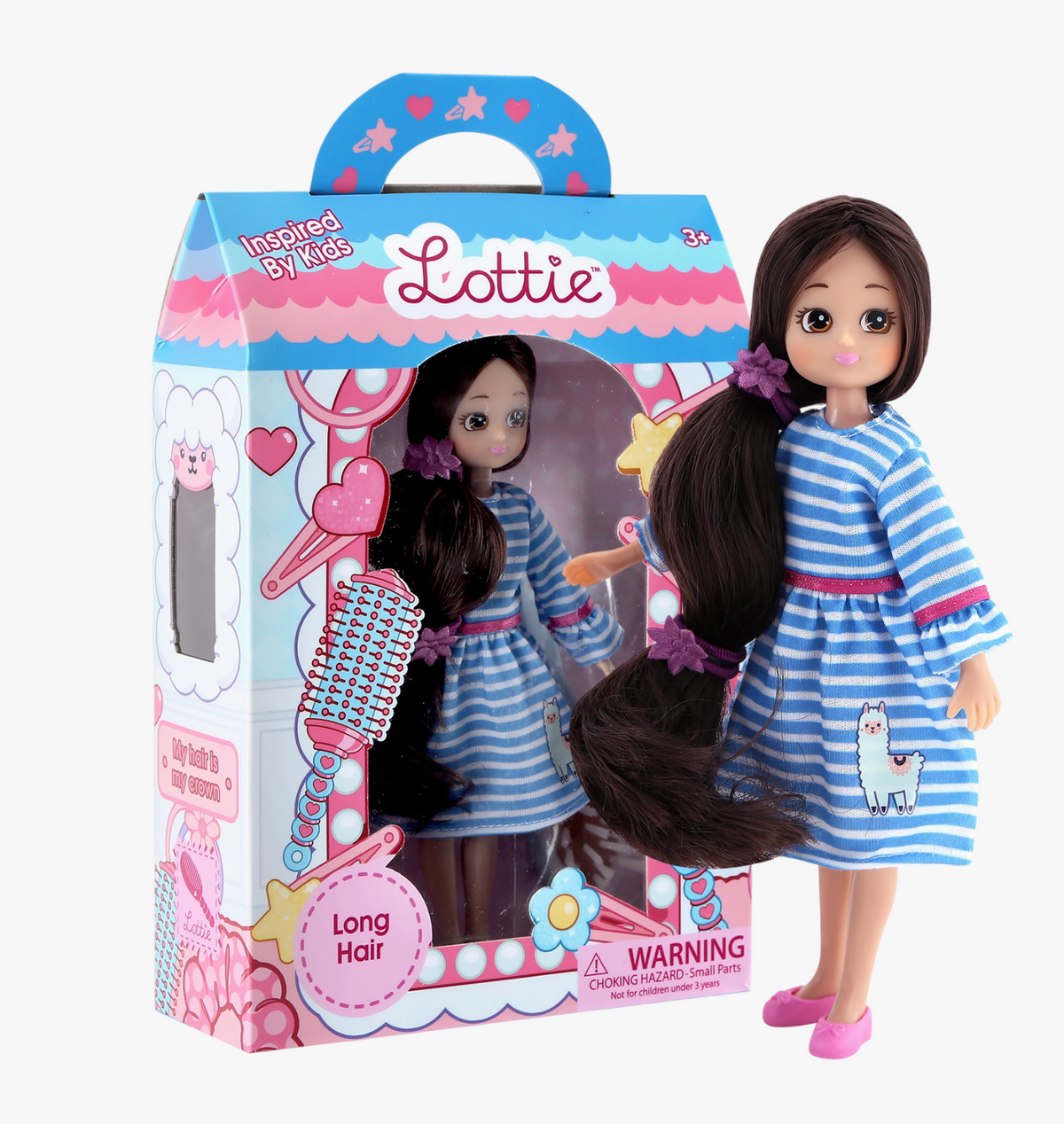 Lottie Long Hair doll with long brown hair in a blue striped dress and matching doll packaging