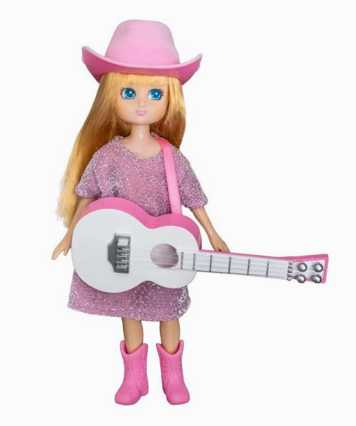 Lottie Country Girl doll wearing a pink cowboy hat and dress with a white guitar and pink boots