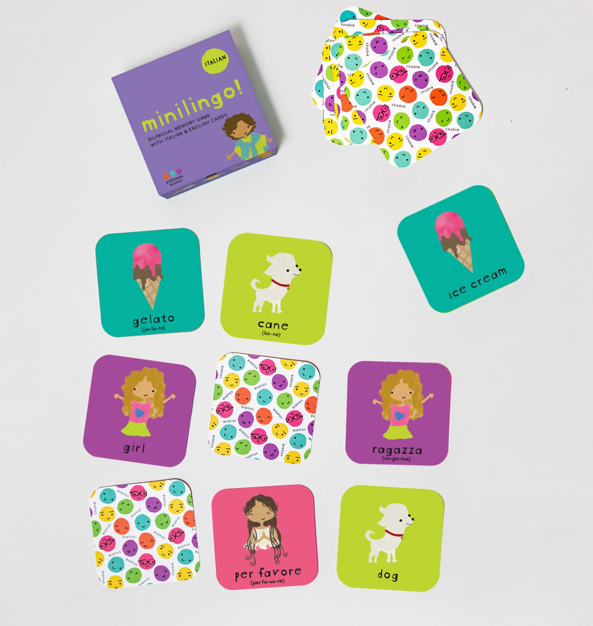 Minilingo! | Italian/English bilingual flashcard game with colorful illustrated vocabulary cards
