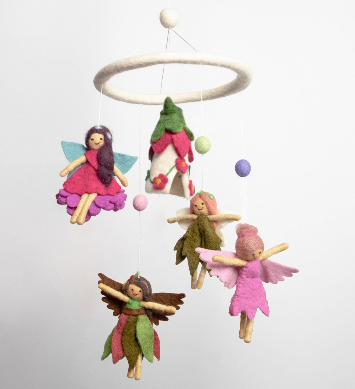 Felt Mobile | Baby Fairy with colorful felt fairies and hanging pastel stars for a nursery ceiling decor piece
