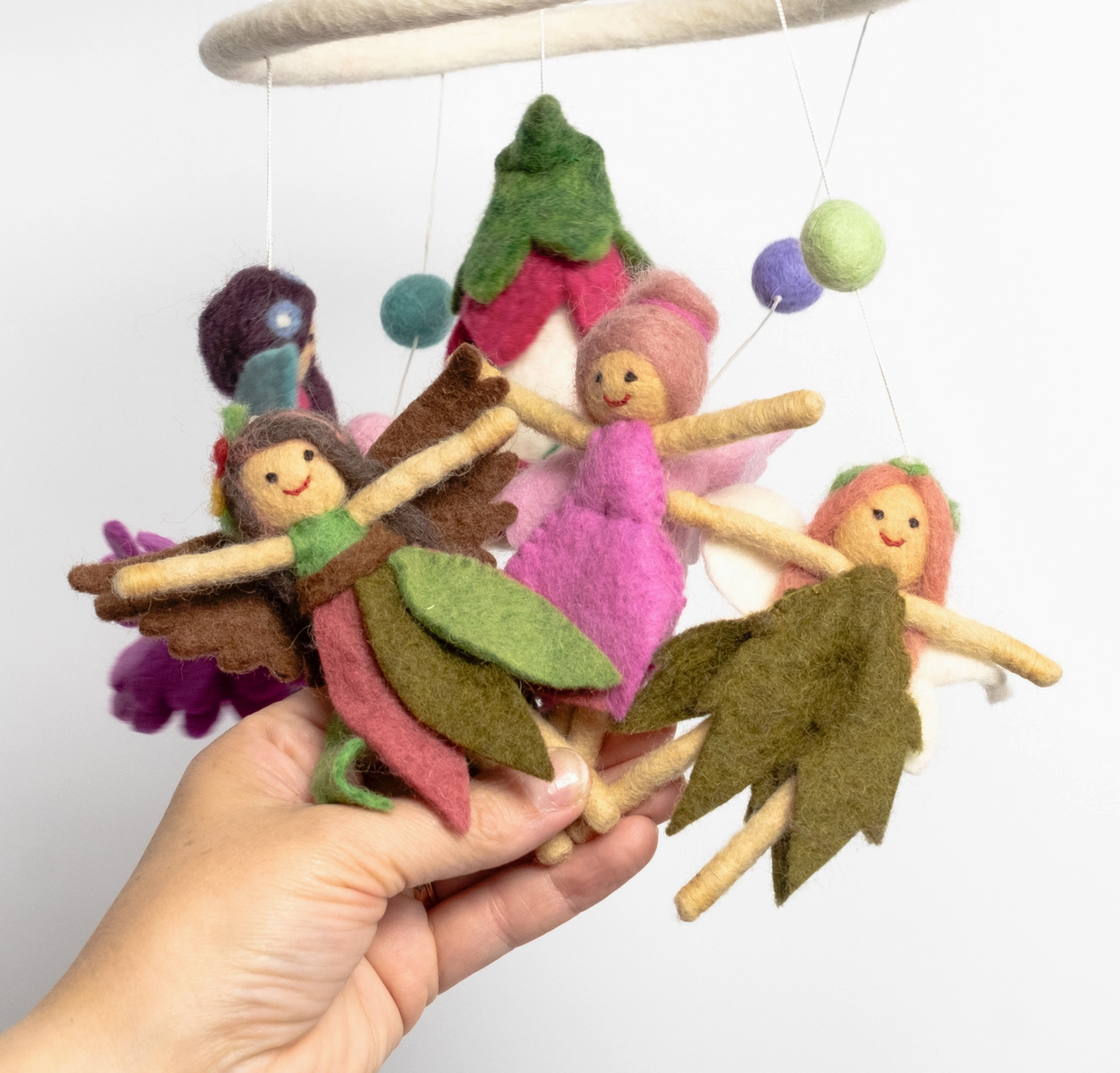 Felt Mobile | Baby Fairy with colorful handmade felt fairies and hanging wool balls