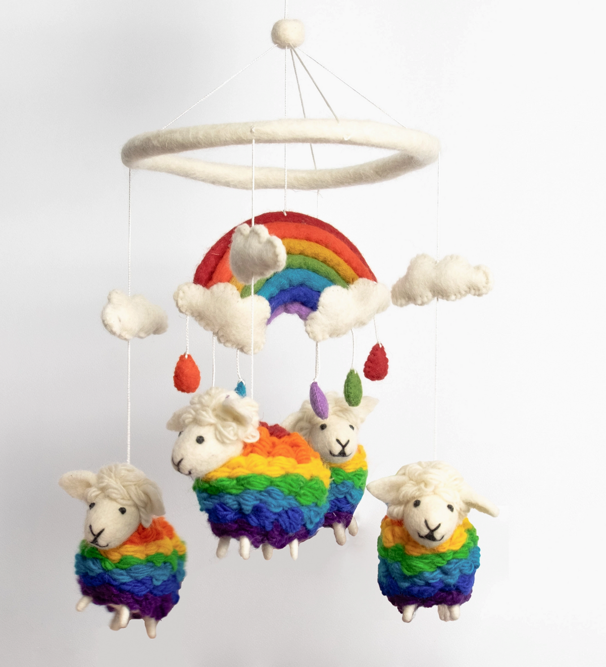 Felt Mobile | Rainbow Sheep with colorful rainbow sheep clouds and hanging raindrops