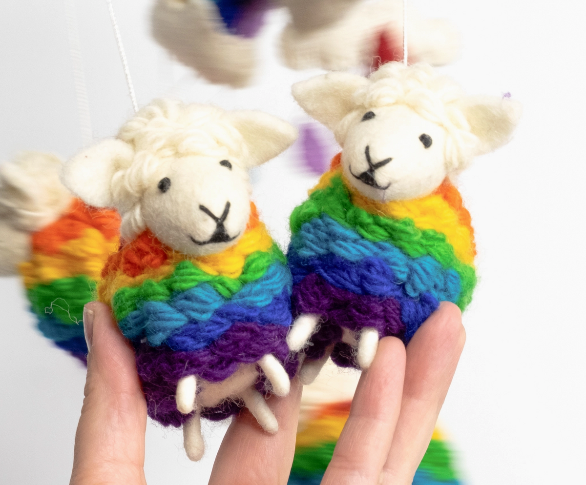 Felt Mobile | Rainbow Sheep featuring colorful handmade sheep with soft wool and rainbow stripes