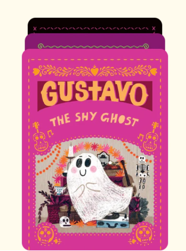 Yoto | The World of Gustavo pink card featuring a shy ghost and colorful musical artwork