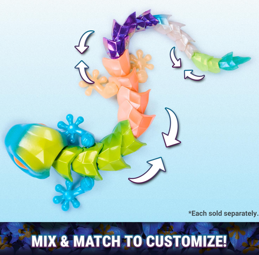 CrystaLynx Gecko colorful mix and match toy pieces shown in multiple color combinations