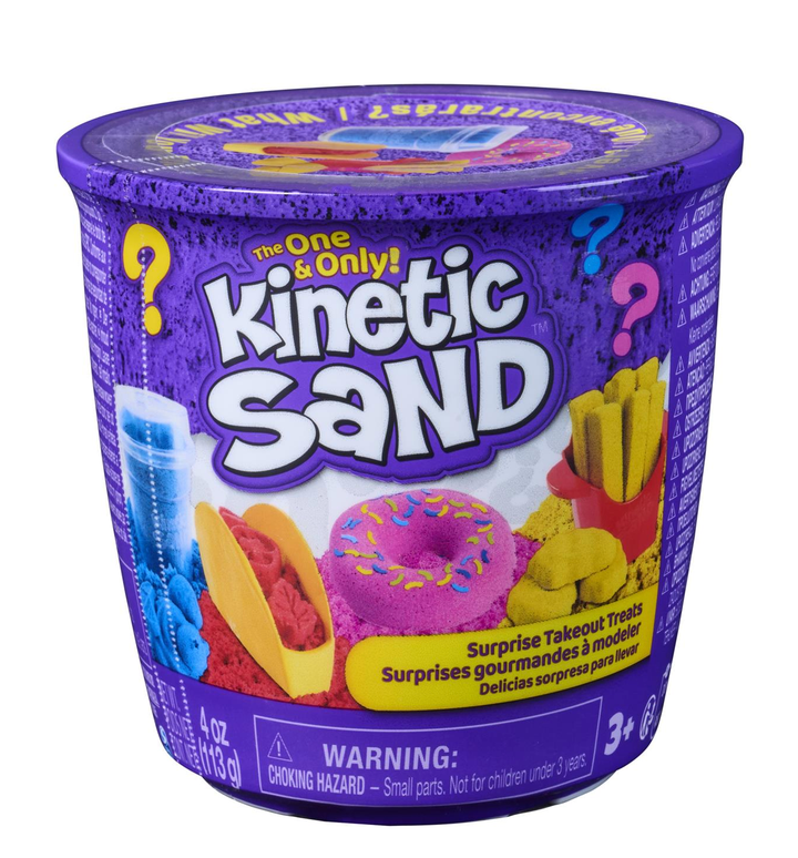 Kinetic Sand Surprise Takeout purple tub with colorful food themed kinetic sand surprises
