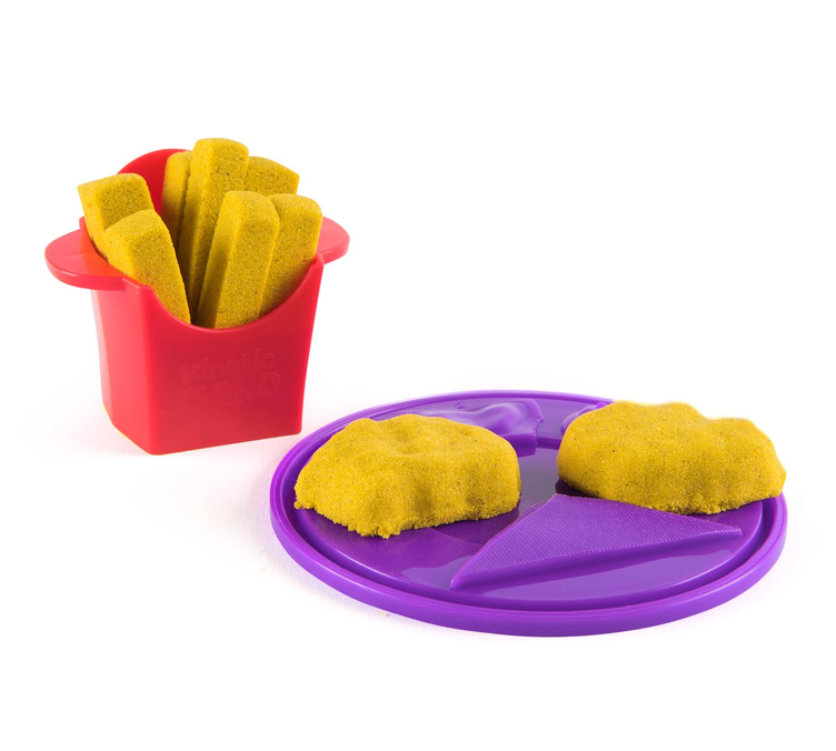 Kinetic Sand Surprise Takeout set with yellow sand fries in a red carton and sand nuggets on a purple tray