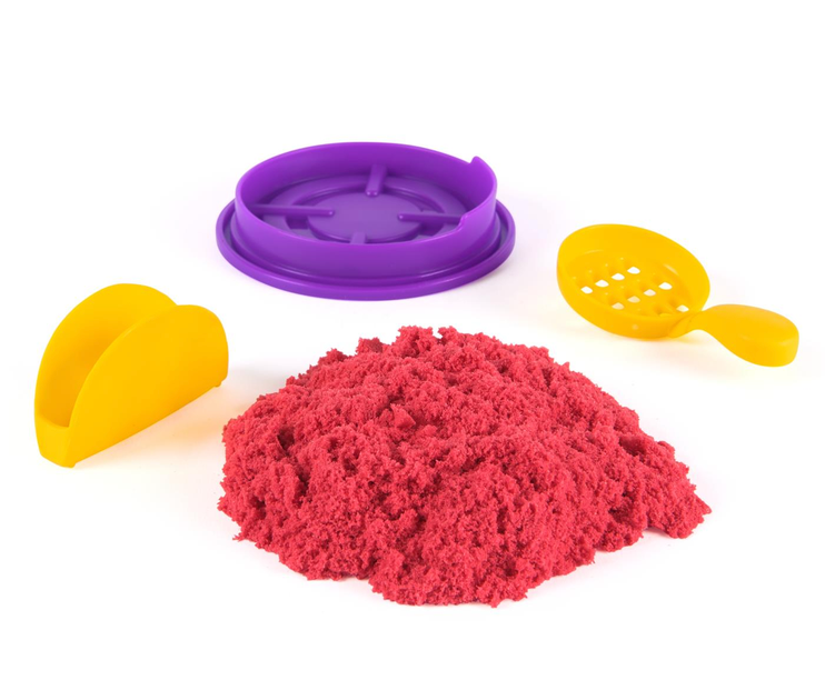 Kinetic Sand Surprise Takeout with red sand, purple lid, yellow mold, and scoop