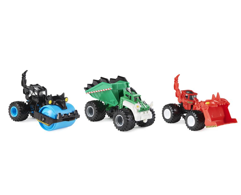 Monster Jam 1:64 Scale Dirt Squad toy trucks in blue green and red