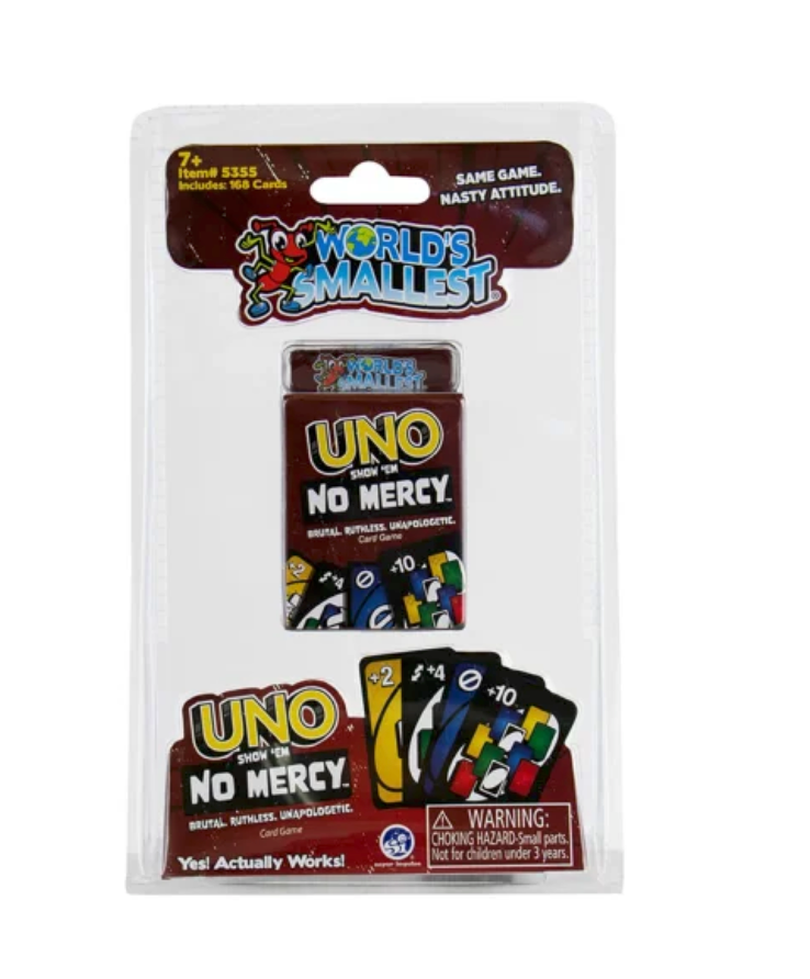 World's Smallest Uno No Mercy card game in blister packaging
