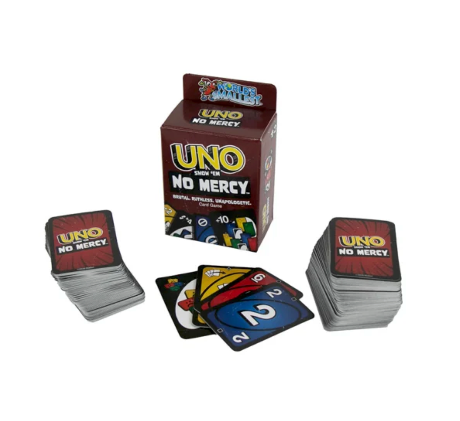World's Smallest Uno No Mercy card game box with two decks and colorful cards