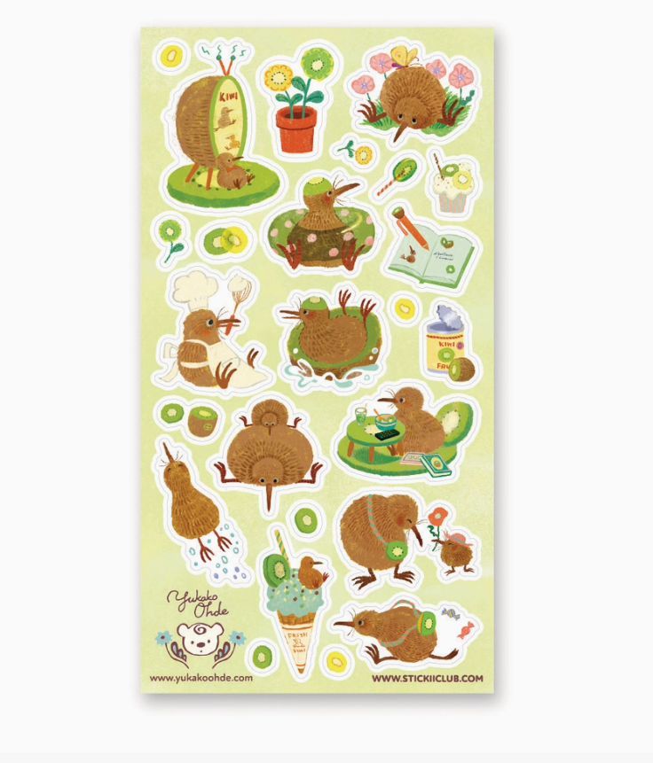 Sweet Kiwi Home Stickers featuring cheerful illustrated kiwi birds plants food and cozy home scenes