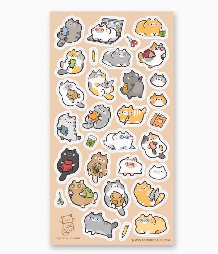 Kitty Academia Stickers sheet featuring cute cats with books school supplies and playful academic themes