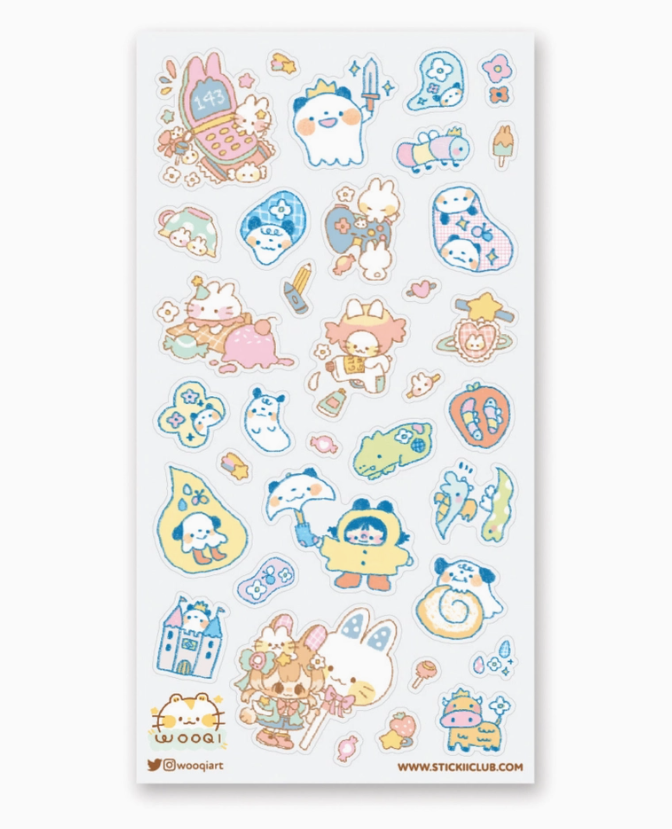 Kawaii Life Stickers sheet featuring colorful pastel animal character stickers and playful designs