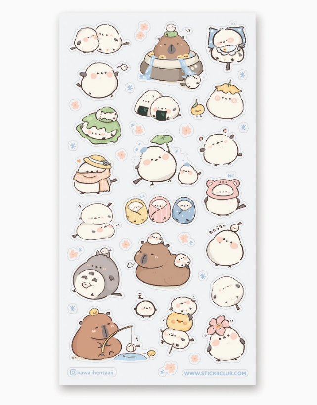 Capy & Birdy Besties Stickers featuring cute capybaras, birds, and colorful animal friends on a sheet