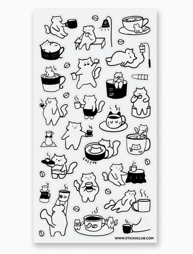 Caffeine Cats Stickers sheet featuring black and white cats enjoying coffee and tea