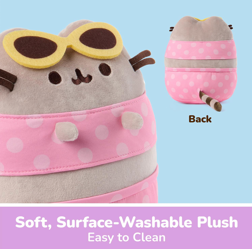 Pusheen Pool Party plush wearing pink polka dot swimwear and goggles with back view and soft washable surface