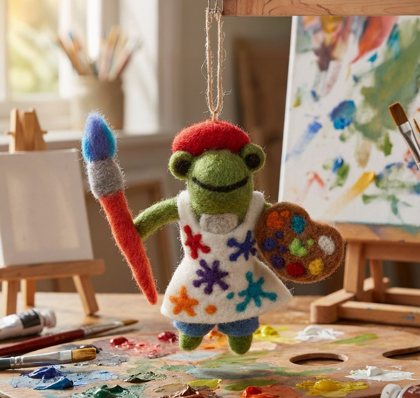 Andre the Artist Frog Felt Ornament featuring a green felt frog in a paint splattered apron holding a paintbrush and palette