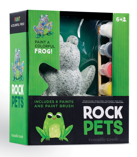 Rock Pet Frog painting set with resin frog, 6 non-toxic paints, paintbrush, and instructions for kids 6 and up.