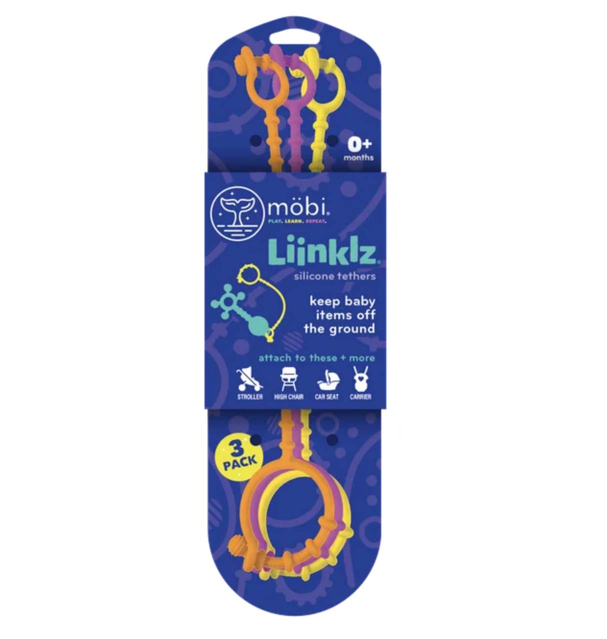 Liinklz Silicone Tethers 3-pack in orange, yellow, and pink, designed to keep baby items off the ground.