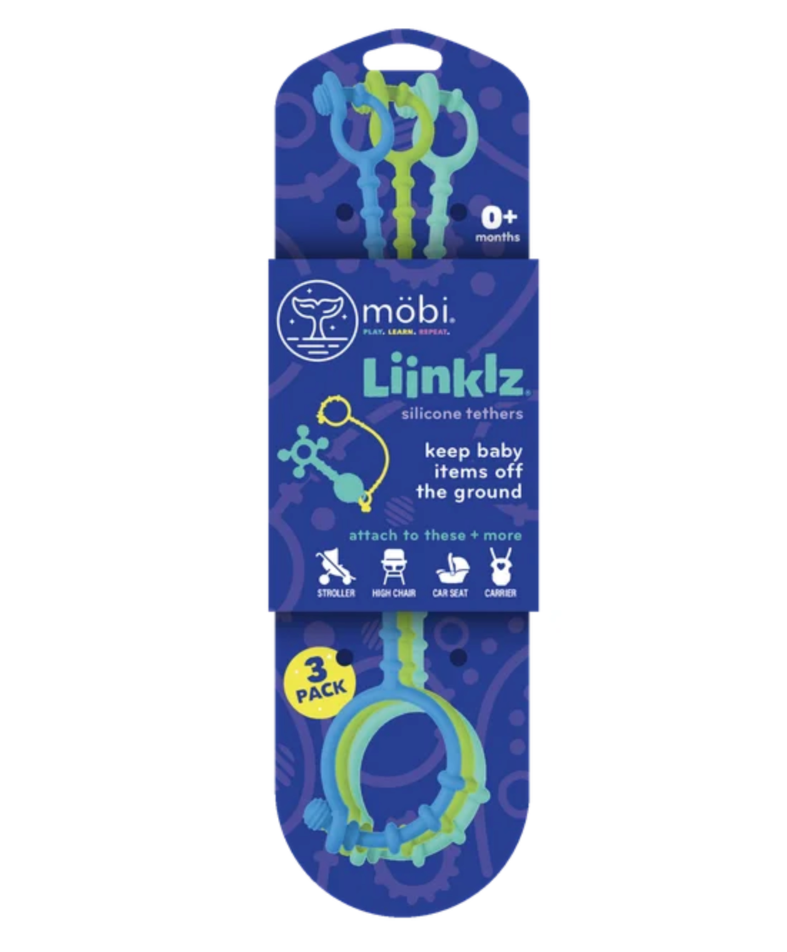 Liinklz Silicone Tethers 3-pack in blue and green, flexible connectors to keep baby items off the ground.
