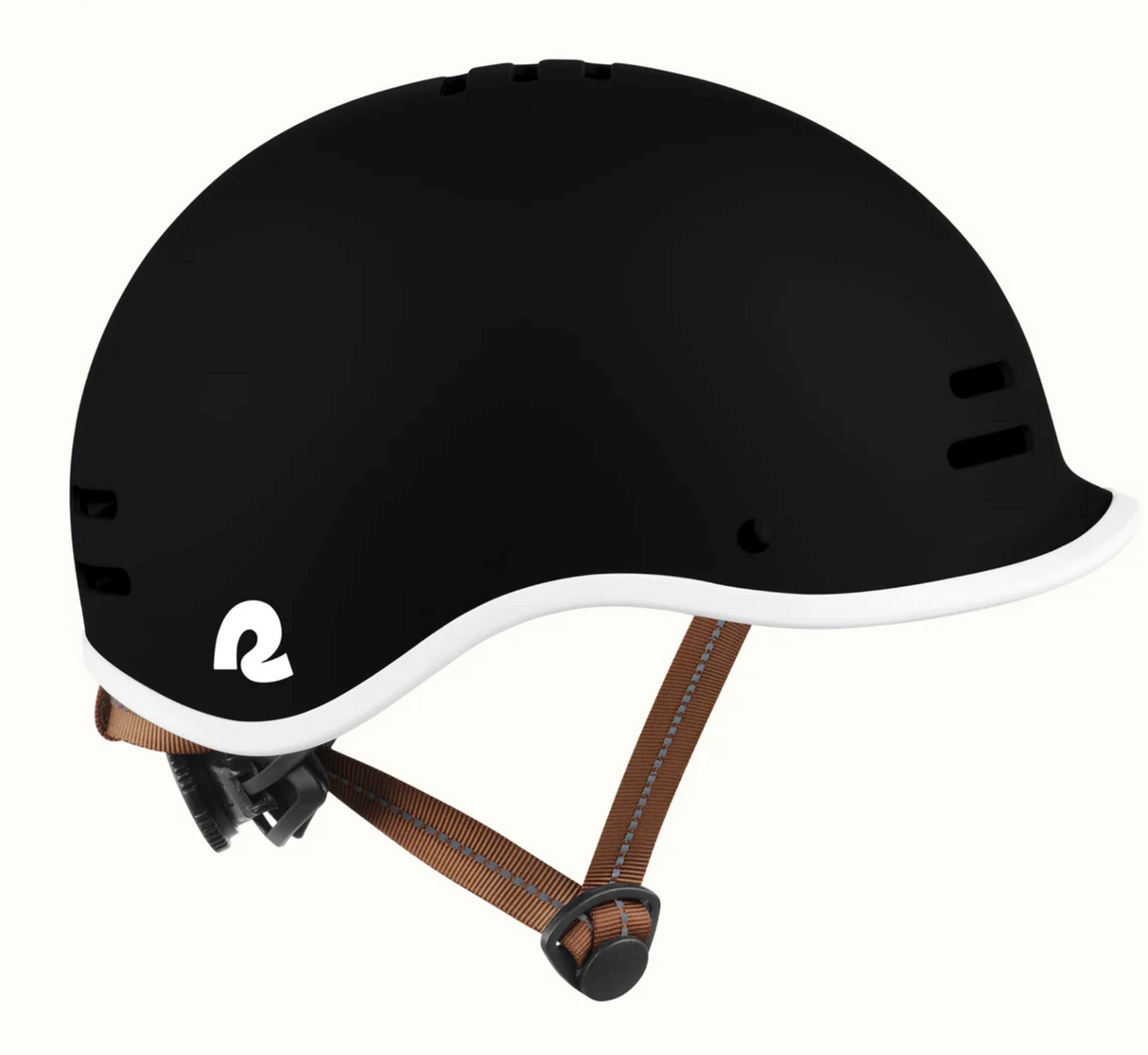 Remi Kids Bike & Skate Helmet in black with white trim, adjustable straps, built-in visor, and breathable design for safety.