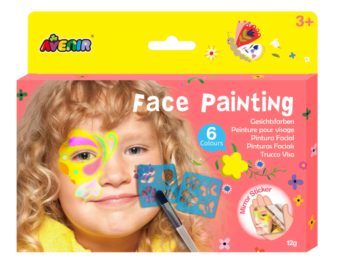 Face Paint product with 6 vibrant colors, reusable stencils, brush, and mirror sticker for easy kids' face painting fun.