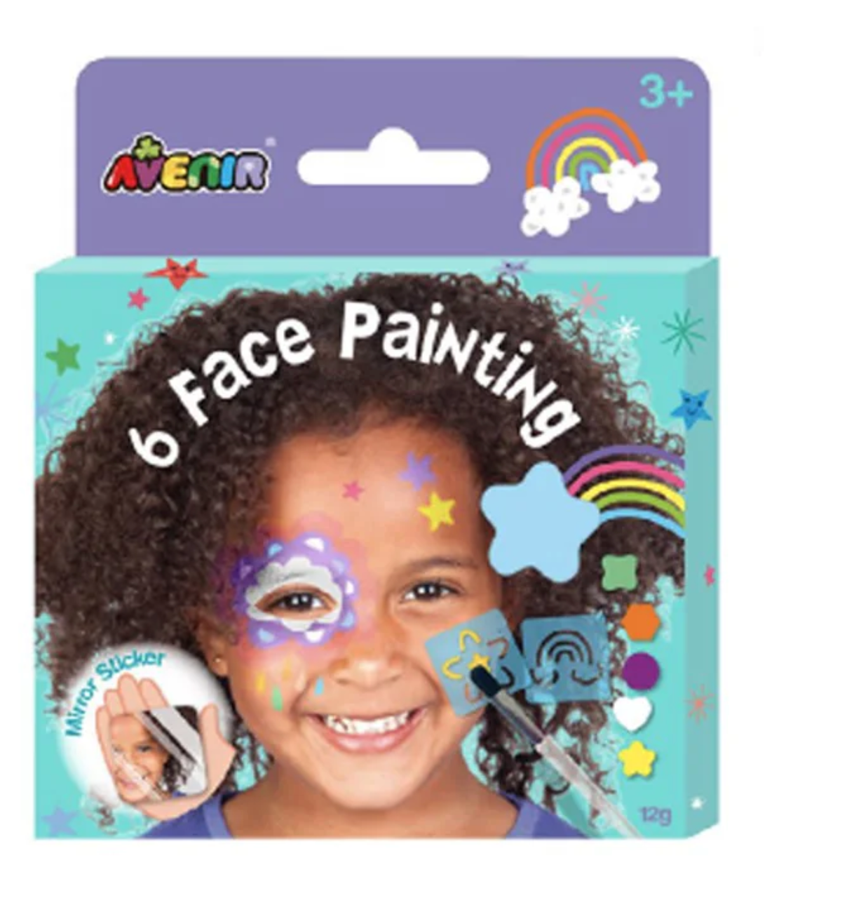 Face Paint kit with 6 vibrant colors, 2 stencils, brush, and mirror sticker for kids aged 3+ by Avenir.