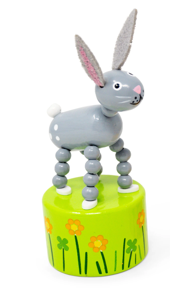 ThumbToy Easter gray bunny push puppet on green base with orange flowers, collapsible toy for kids ages 3+