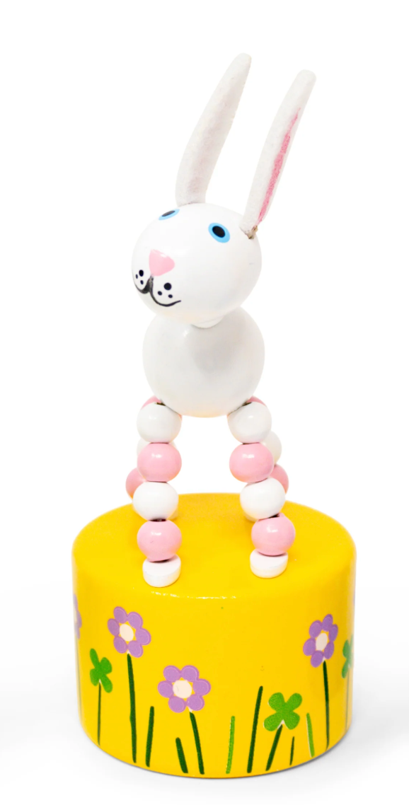ThumbToy Easter wooden bunny push puppet with pink and white beads on yellow floral base toy.