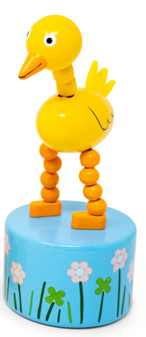 ThumbToy Easter yellow duck push puppet toy standing on blue floral base for kids' fun and Easter baskets.