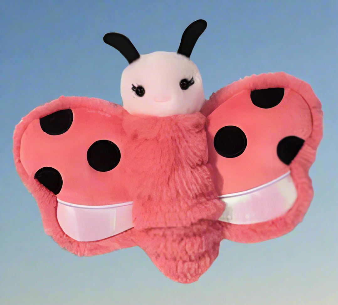Mini Bug plush ladybug with soft pink wings and black spots, perfect for cuddling or gifting.
