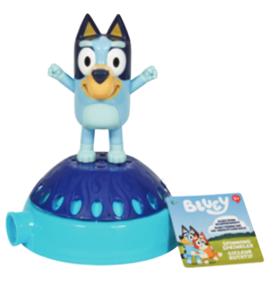 Spinning Sprinkler featuring a playful blue dog character, perfect for keeping kids cool and entertained outdoors.