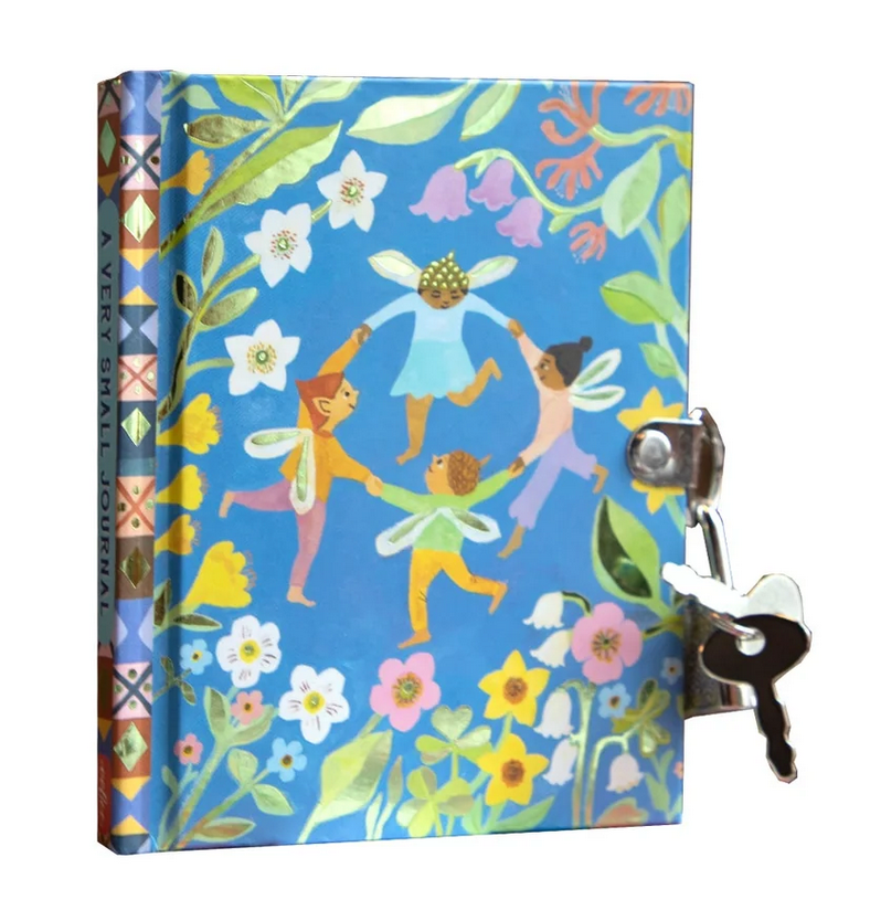 Very Small Journal | Gemma with colorful fairy illustration, metal lock, two keys, and floral design on blue cover