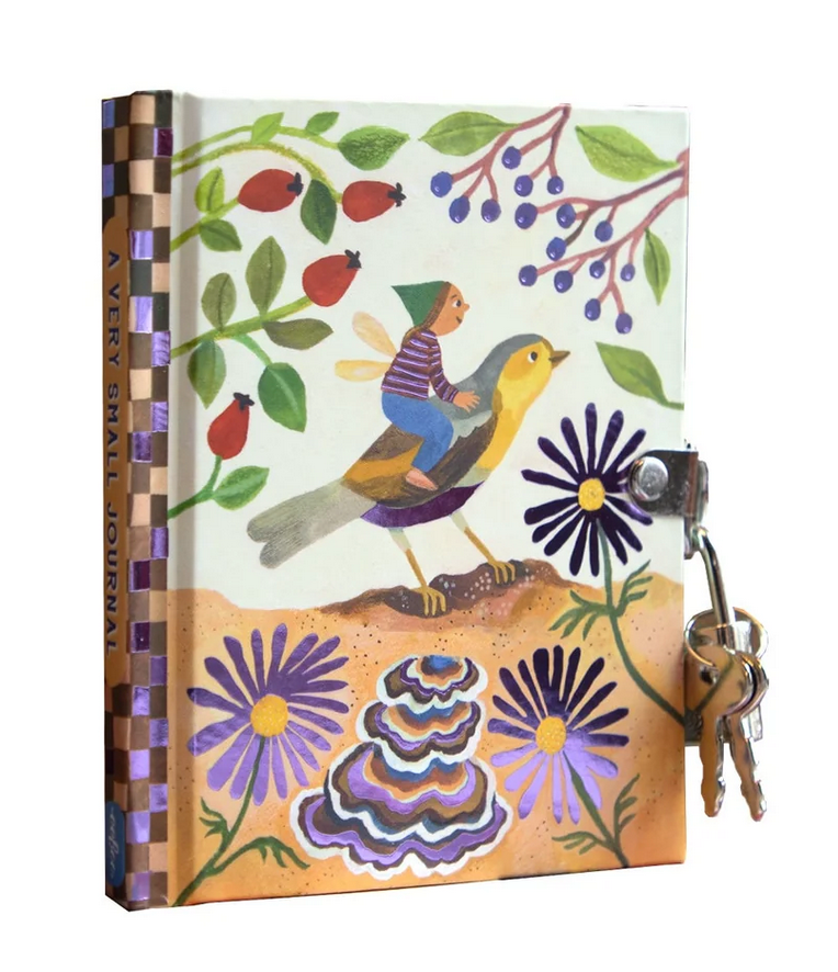 Very Small Journal | Gemma with fairy illustration, metal lock, keys, and floral cover design measuring 4.25 by 3.5 inches.