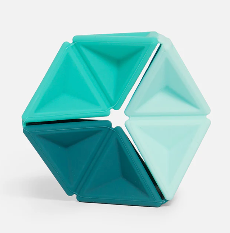 Speks. Pivot. turquoise hexagonal silicone fidget toy with four interlocking triangular sections